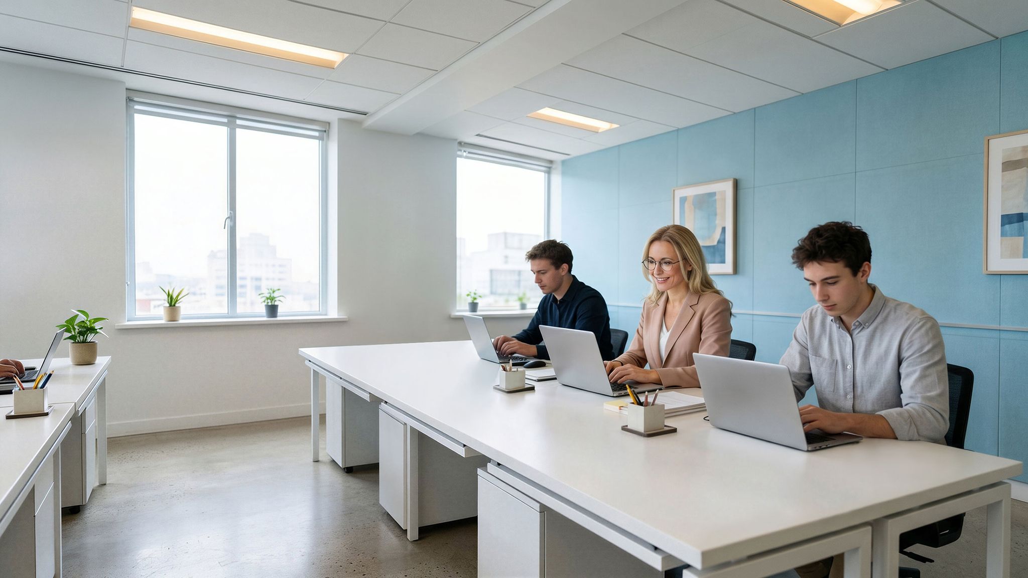 Az ECK alkalmazás használatának gondtalanságát érzékeltető kép. A képen egy modern, letisztult irodabelső látható, három személlyel. A három személy egymás mellett ül egy hosszú íróasztalnál, és mind a hárman irodai munkát végeznek az asztalon lévő laptopokon. Mindkét szélső személy fiatal, rövid barna hajú férfi, akik a saját laptopjuk képernyőjét nézve, érezelemmentes arccal, elmélyülten dolgoznak. Ők jelképezik az állami Cégkapu szolgáltatás felhasználóit. A kép főszereplője ül középen, ő egy szőke hajú nő, aki mosollyal az arcán dolgozik a saját laptopján, érzékeltetve az ECK alkalmazás használatával járó kellemes felhasználói élményt.